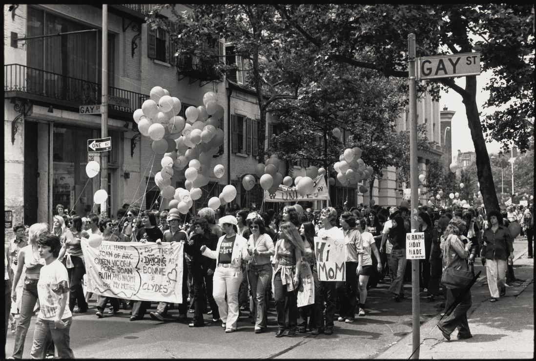 View of paradegoers during the fifth annual Christopher St Liberation Day March at Gay & Christopher sts, June 1973